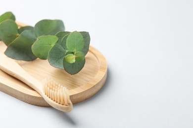 Photo of Bamboo toothbrush and eucalyptus branch on white background, closeup. Space for text