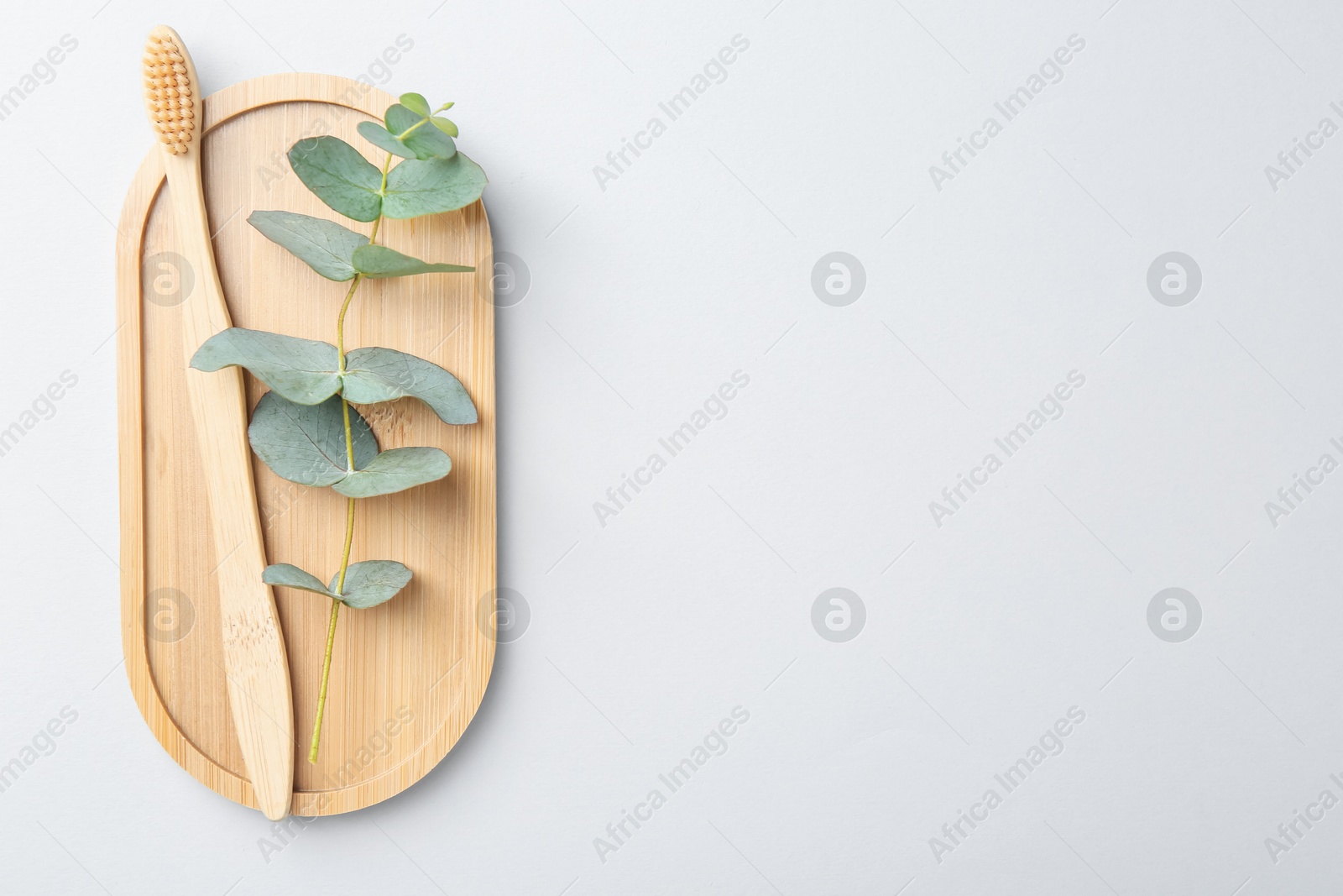 Bamboo toothbrush and eucalyptus branch on white background, top view. Space for text Photo of Bamboo toothbrush and eucalyptus branch on white background, top view. Space for text