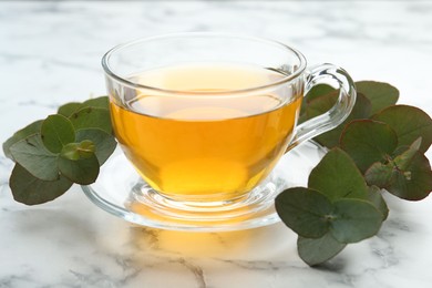 Photo of Aromatic tea in cup and eucalyptus branches on white marble table, closeup