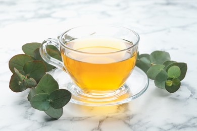 Photo of Aromatic tea in cup and eucalyptus branches on white marble table, closeup