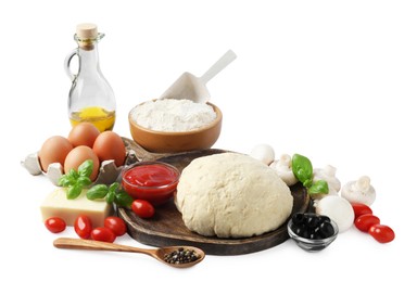 Photo of Making pizza. Different ingredients isolated on white