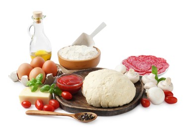 Photo of Making pizza. Different ingredients isolated on white