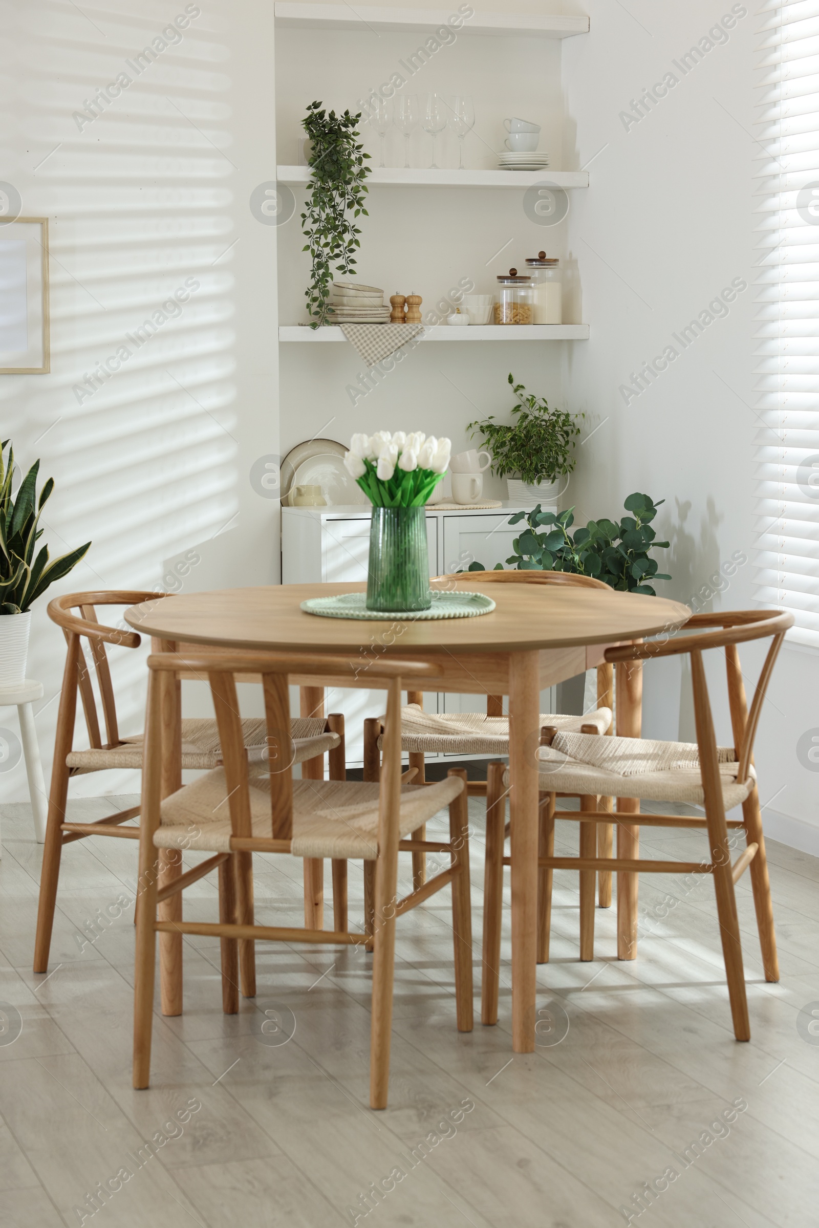 Wooden table, chairs, tulips and green houseplants indoors. Interior design Photo of Wooden table, chairs, tulips and green houseplants indoors. Interior design