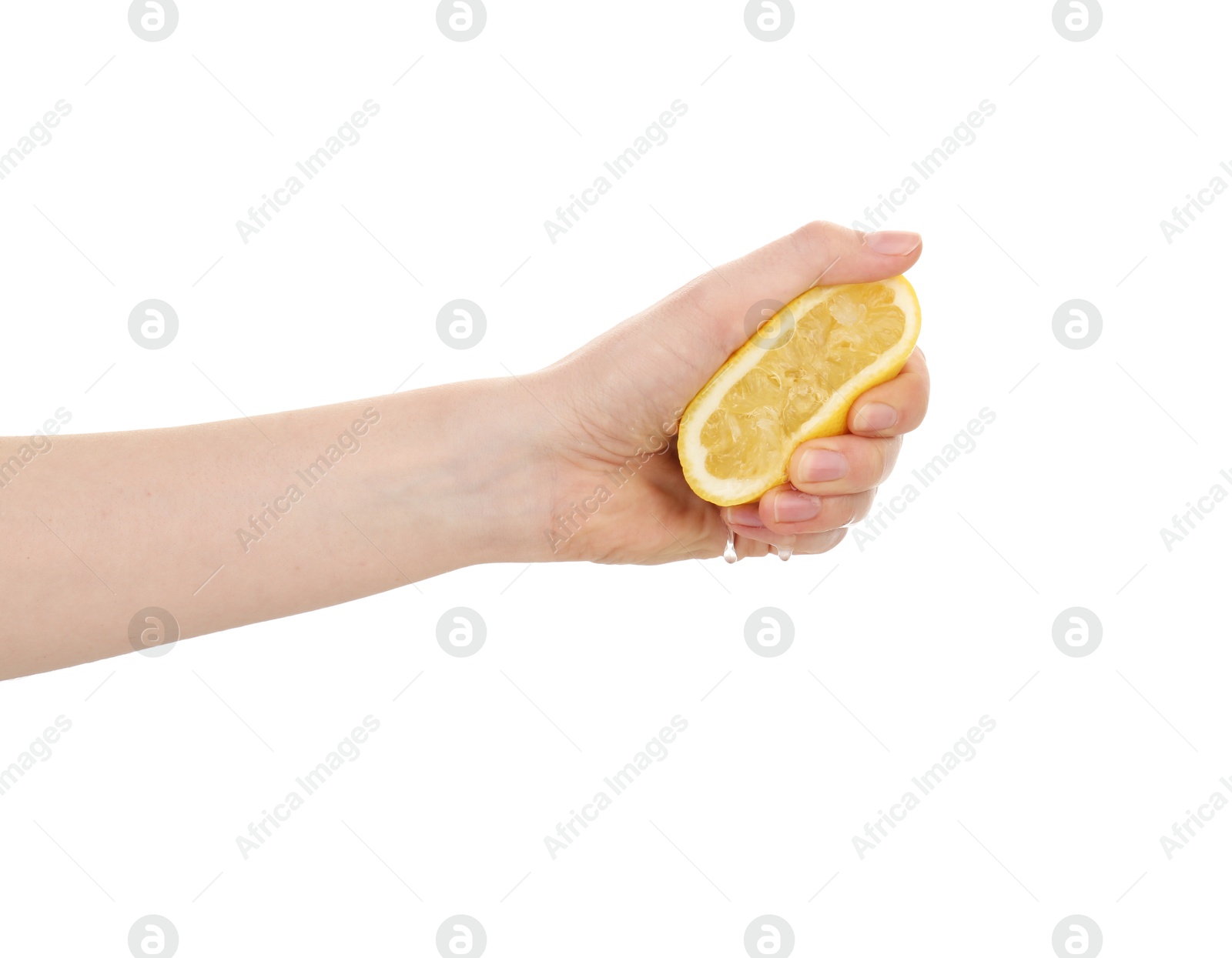 Woman squeezing lemon on white background, closeup Photo of Woman squeezing lemon on white background, closeup