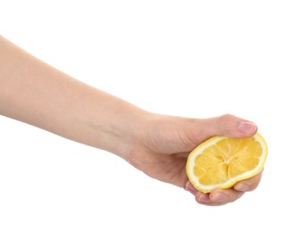 Photo of Woman squeezing lemon on white background, closeup
