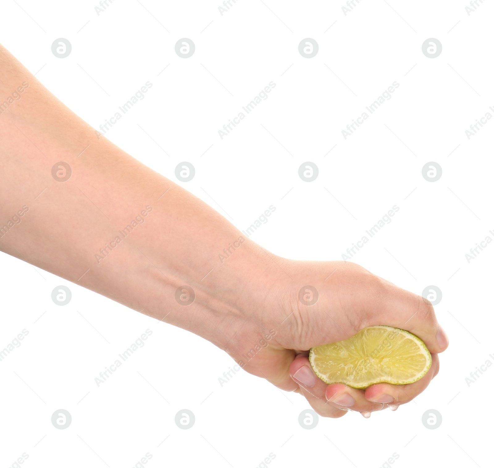 Woman squeezing lime on white background, closeup Photo of Woman squeezing lime on white background, closeup