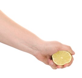 Photo of Woman squeezing lime on white background, closeup