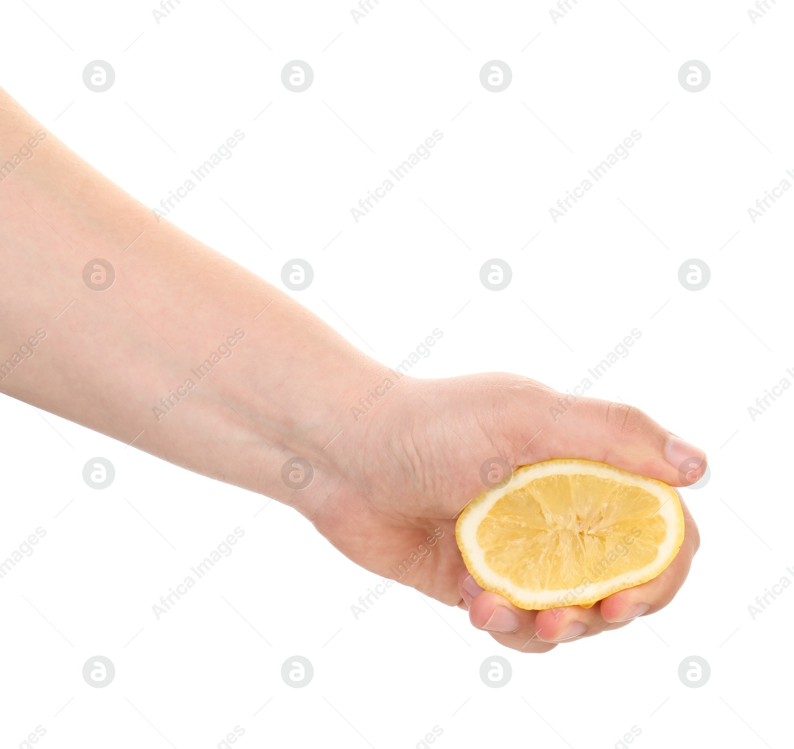 Woman squeezing lemon on white background, closeup Photo of Woman squeezing lemon on white background, closeup