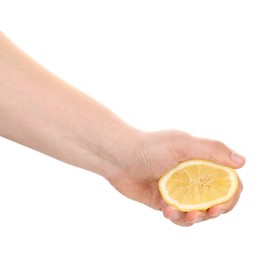 Photo of Woman squeezing lemon on white background, closeup