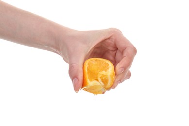 Photo of Woman squeezing orange on white background, closeup