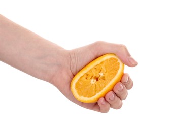 Photo of Woman squeezing orange on white background, closeup