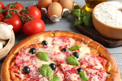 Photo of Tasty pizza and ingredients on grey wooden table, closeup