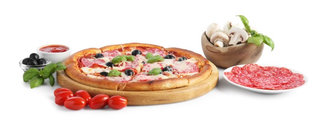 Photo of Tasty pizza and ingredients isolated on white