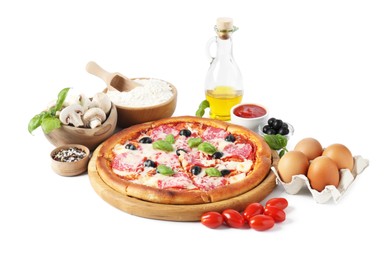 Photo of Tasty pizza and ingredients isolated on white
