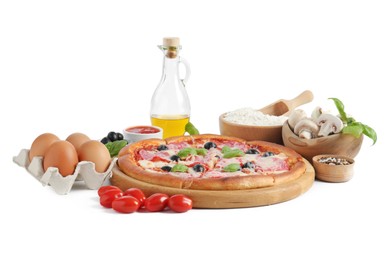 Photo of Tasty pizza and ingredients isolated on white