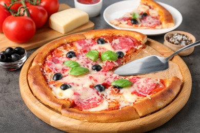 Photo of Tasty pizza and ingredients on grey table, closeup