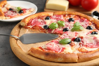 Photo of Tasty pizza served on grey table, closeup