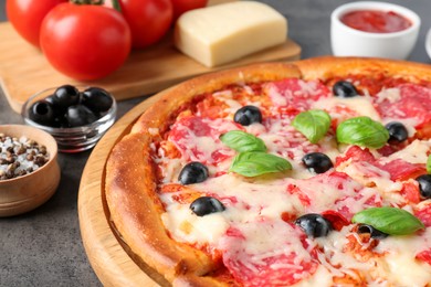 Photo of Tasty pizza and ingredients on grey table, closeup