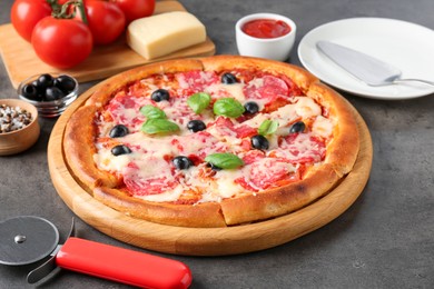 Photo of Tasty pizza and ingredients on grey table, closeup