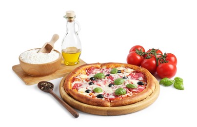 Photo of Tasty pizza and ingredients isolated on white
