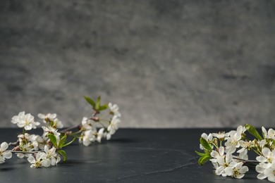 Photo of Twigs with beautiful flowers on black textured table against background. Space for design