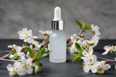 Photo of Bottle of cosmetic product and twigs with beautiful flowers on black textured table against gray background, closeup