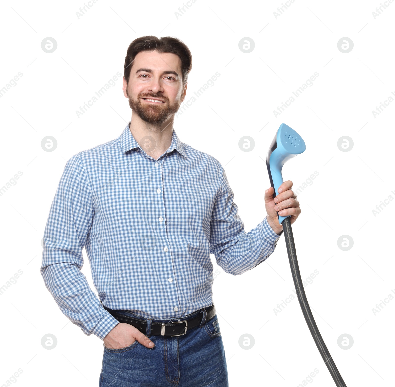 Man with stand steamer on white background Photo of Man with stand steamer on white background