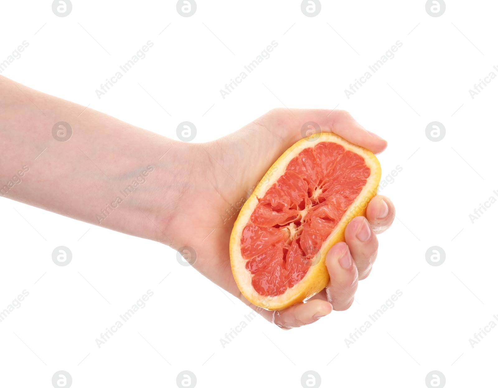Woman squeezing grapefruit on white background, closeup Photo of Woman squeezing grapefruit on white background, closeup