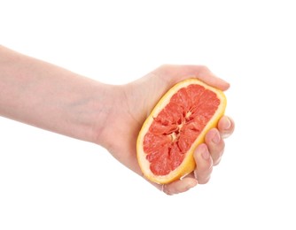 Photo of Woman squeezing grapefruit on white background, closeup
