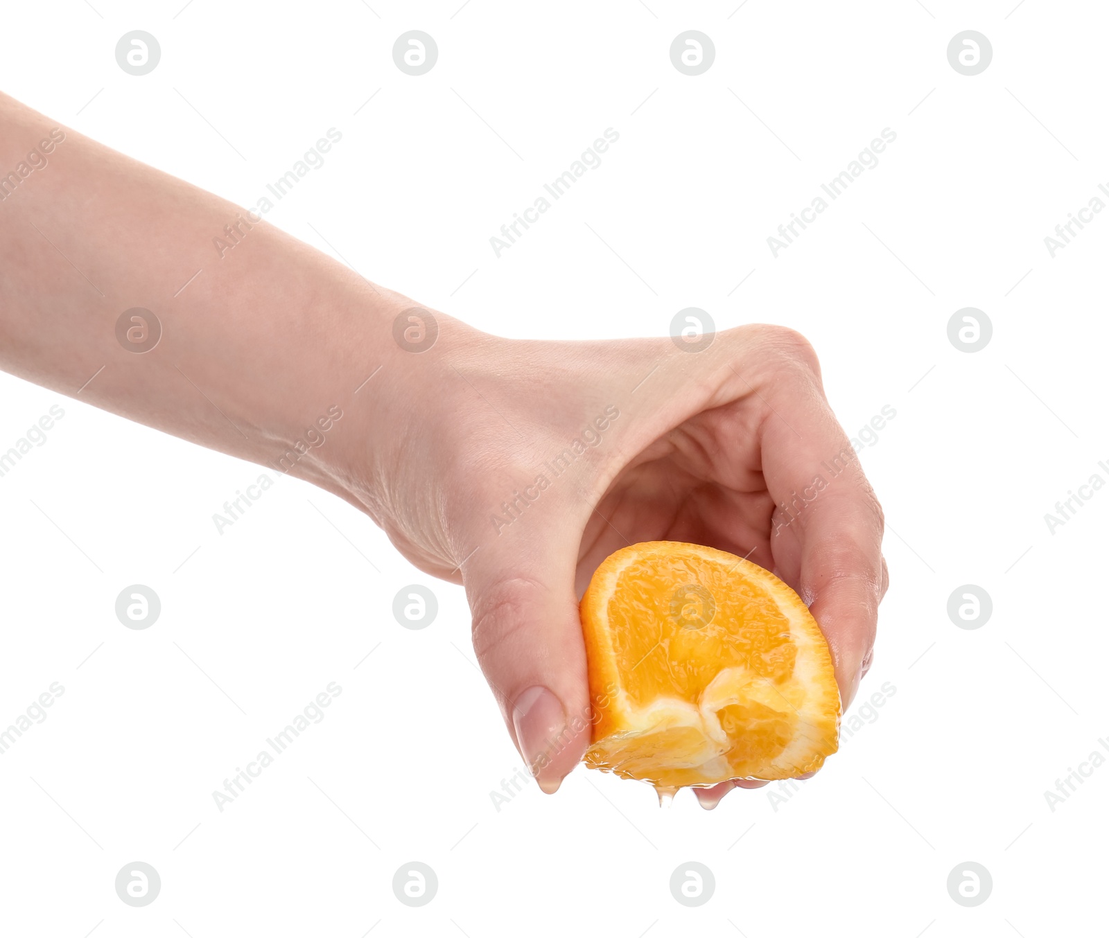 Woman squeezing orange on white background, closeup Photo of Woman squeezing orange on white background, closeup