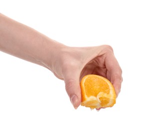 Photo of Woman squeezing orange on white background, closeup