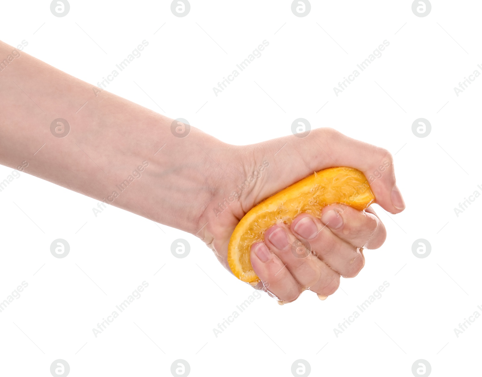 Woman squeezing orange on white background, closeup Photo of Woman squeezing orange on white background, closeup