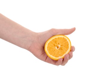 Photo of Woman squeezing orange on white background, closeup