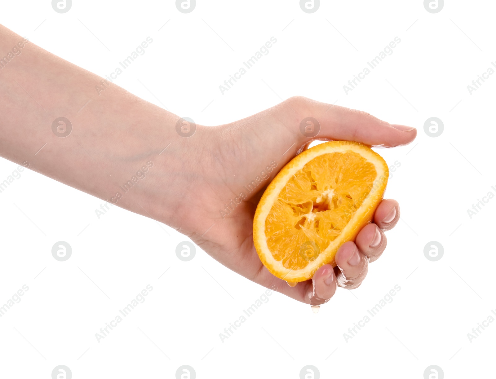 Woman squeezing orange on white background, closeup Photo of Woman squeezing orange on white background, closeup