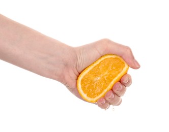 Photo of Woman squeezing orange on white background, closeup