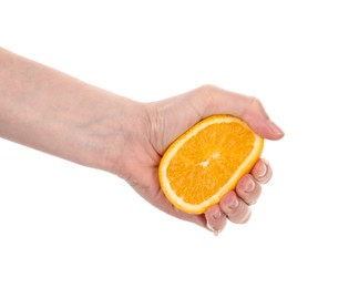 Photo of Woman squeezing orange on white background, closeup