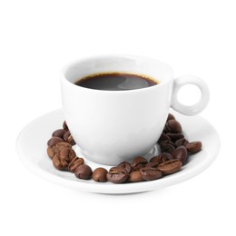 Photo of Aromatic coffee in cup and beans isolated on white