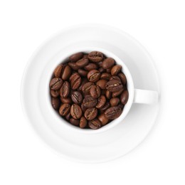 Photo of Aromatic coffee beans in cup isolated on white, top view
