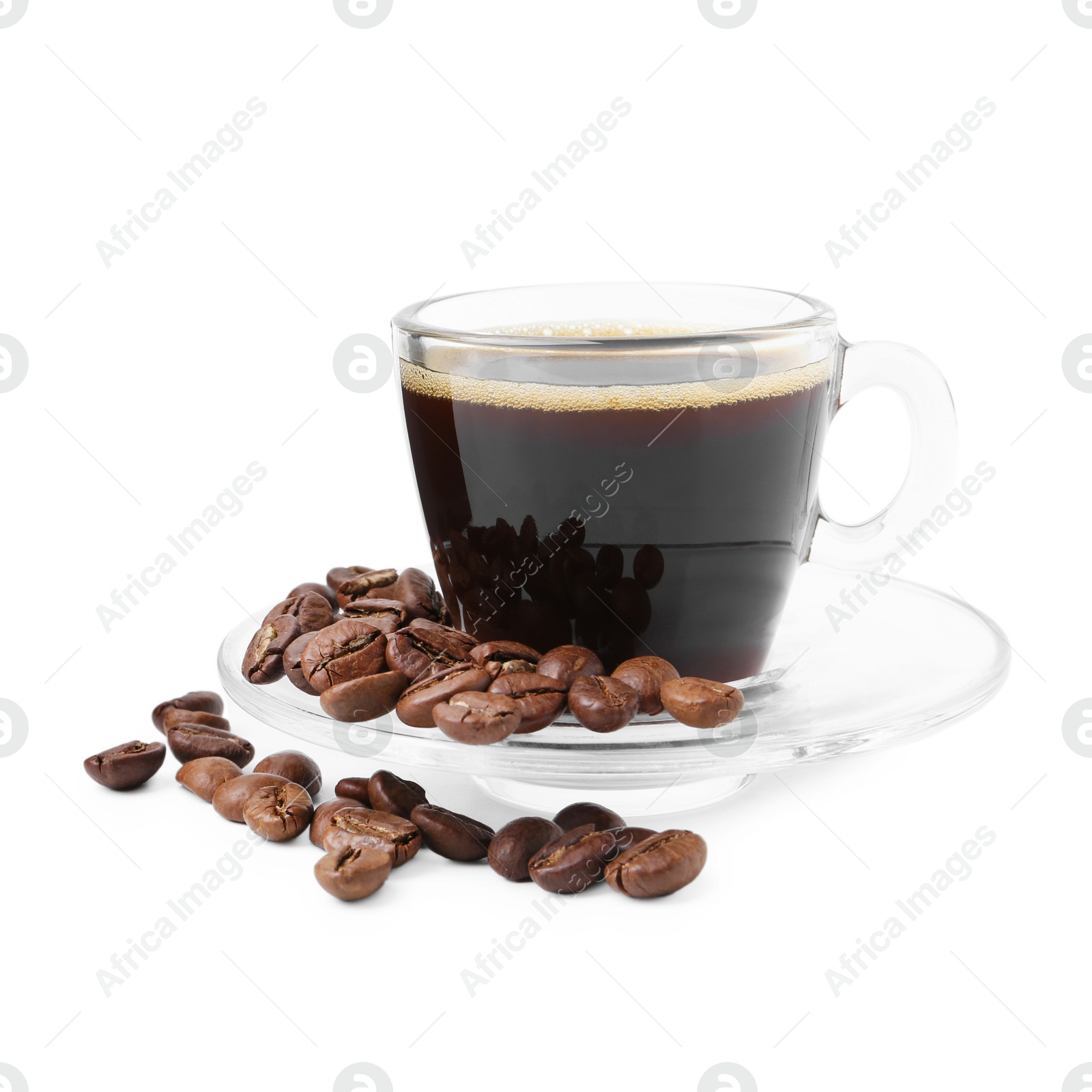 Aromatic coffee in cup and beans isolated on white Photo of Aromatic coffee in cup and beans isolated on white