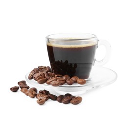 Photo of Aromatic coffee in cup and beans isolated on white