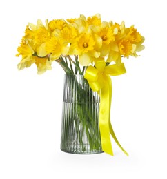 Photo of Yellow daffodils in vase isolated on white