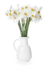 Photo of Beautiful daffodils in vase isolated on white
