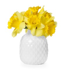 Photo of Yellow daffodils in vase isolated on white