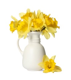 Photo of Yellow daffodils in vase isolated on white