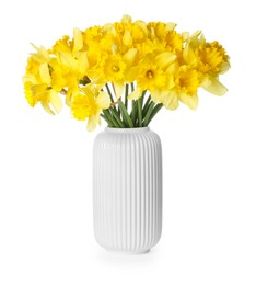 Photo of Yellow daffodils in vase isolated on white