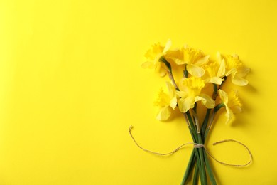 Photo of Bunch of beautiful daffodils on yellow background, top view. Space for text