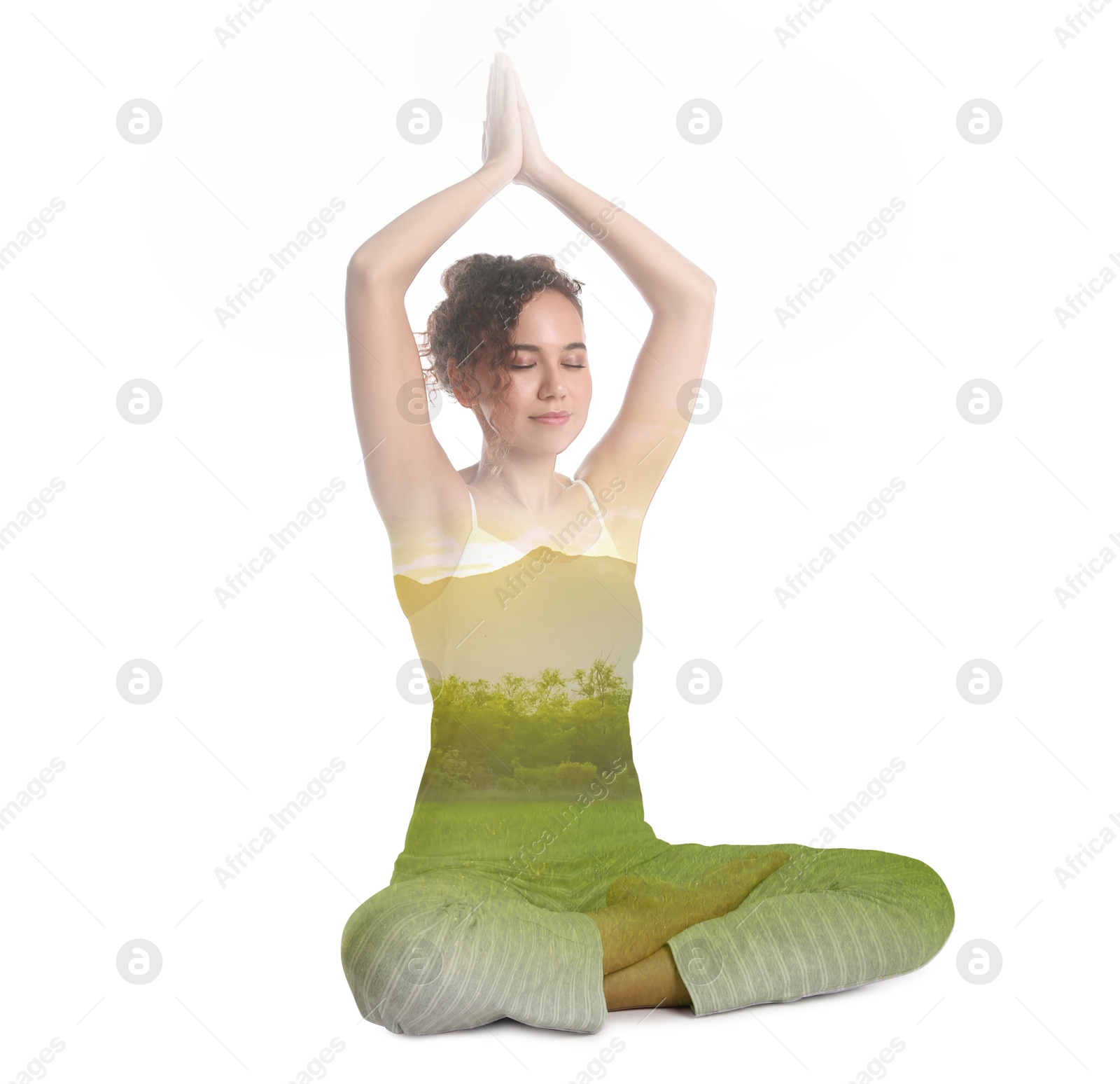 Young woman practicing yoga on white background, double exposure with nature landscape Image of Young woman practicing yoga on white background, double exposure with nature landscape