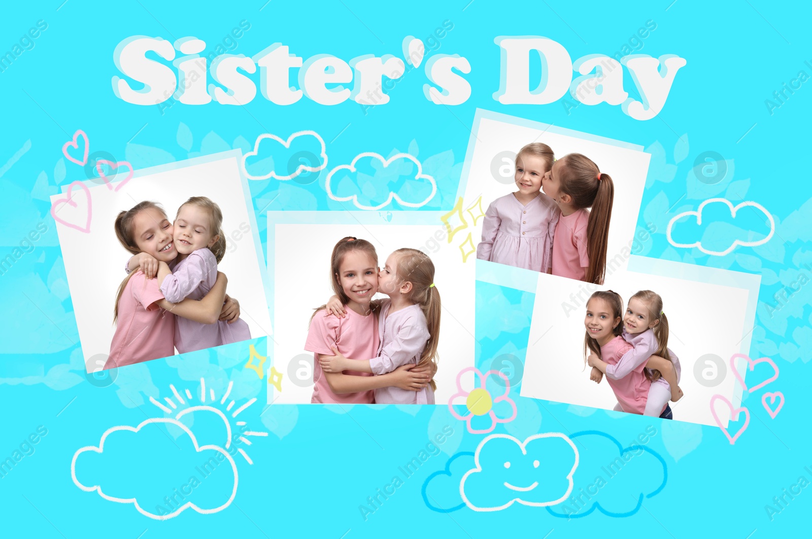 Image of Sister's day. Cute collage with photos of girls on light blue background