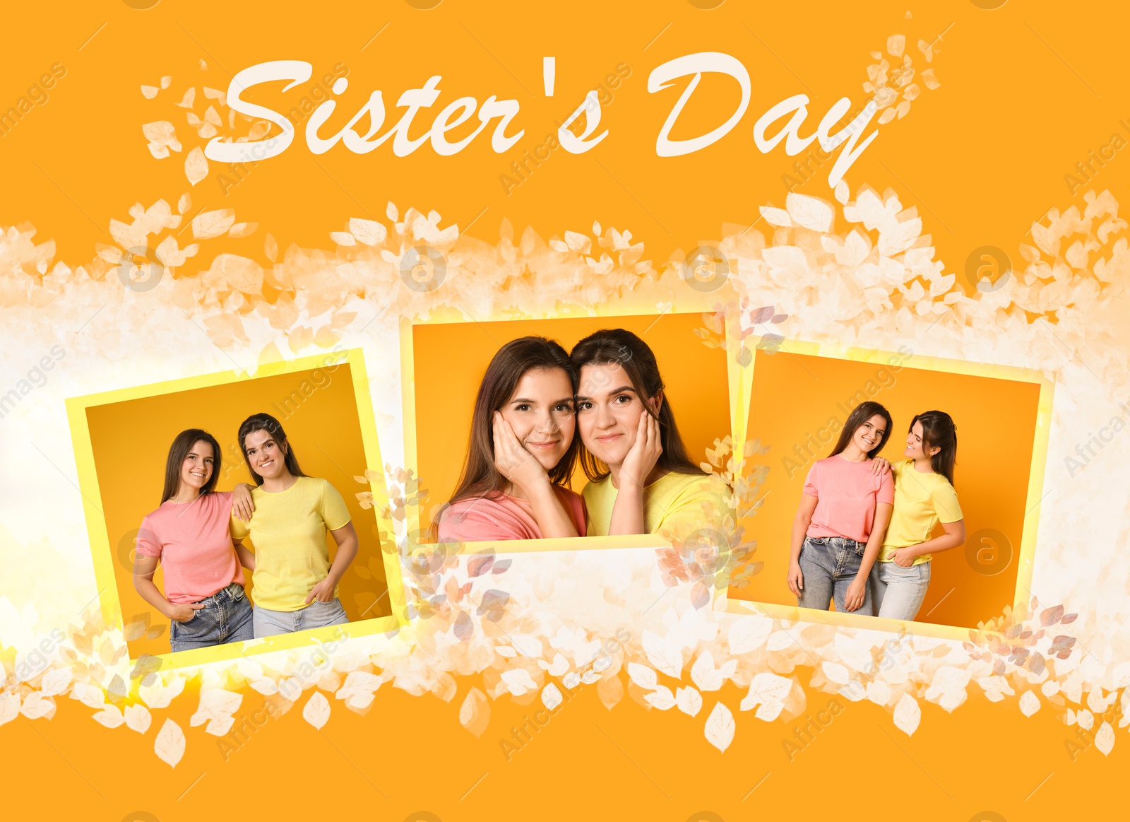 Image of Sister's day. Collage with photos of girls on orange background