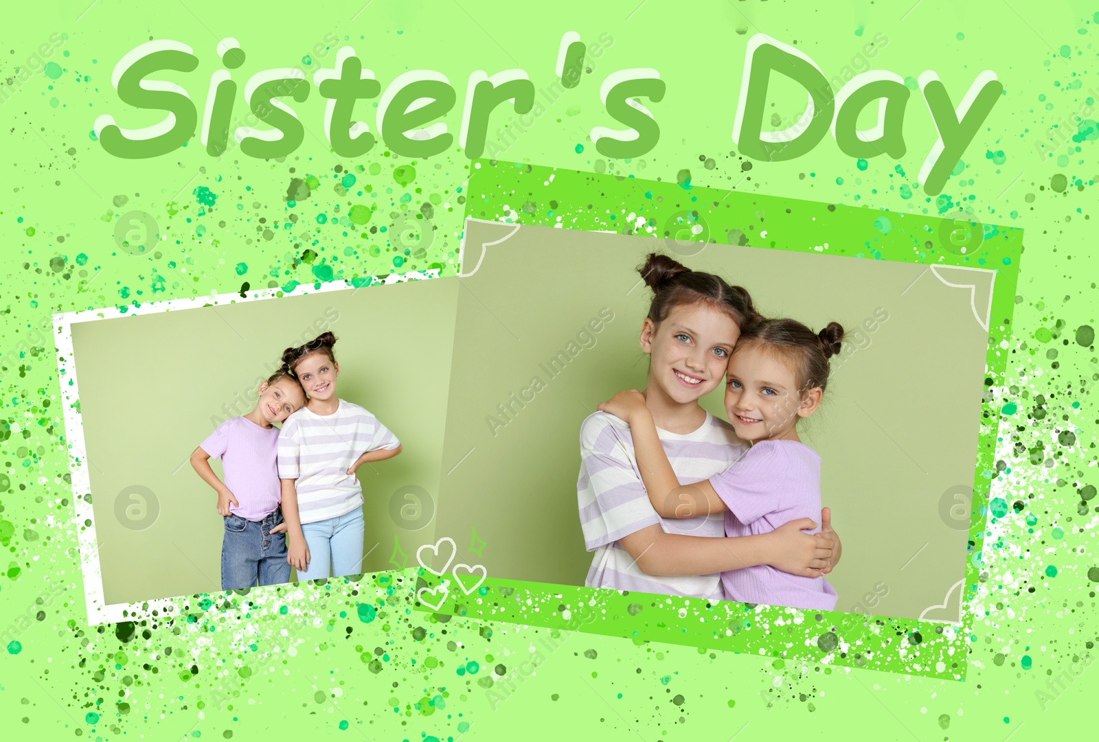 Sister's day. Collage with photos of girls on light green background Image of Sister's day. Collage with photos of girls on light green background